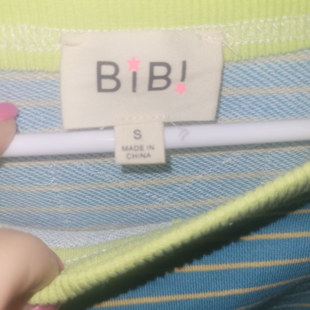 BiBi Striped Patchwork Pullover Sweatshirt Neon Green Pink Teal Oversized Small - Picture 2 of 8